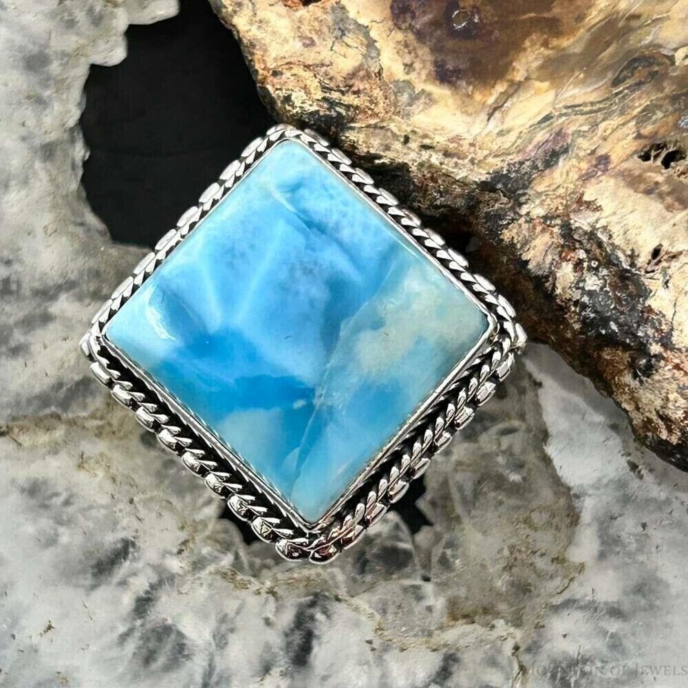 Sterling Silver Southwestern Style Larimar Decorated Bar Ring Sz 7.5 For Women